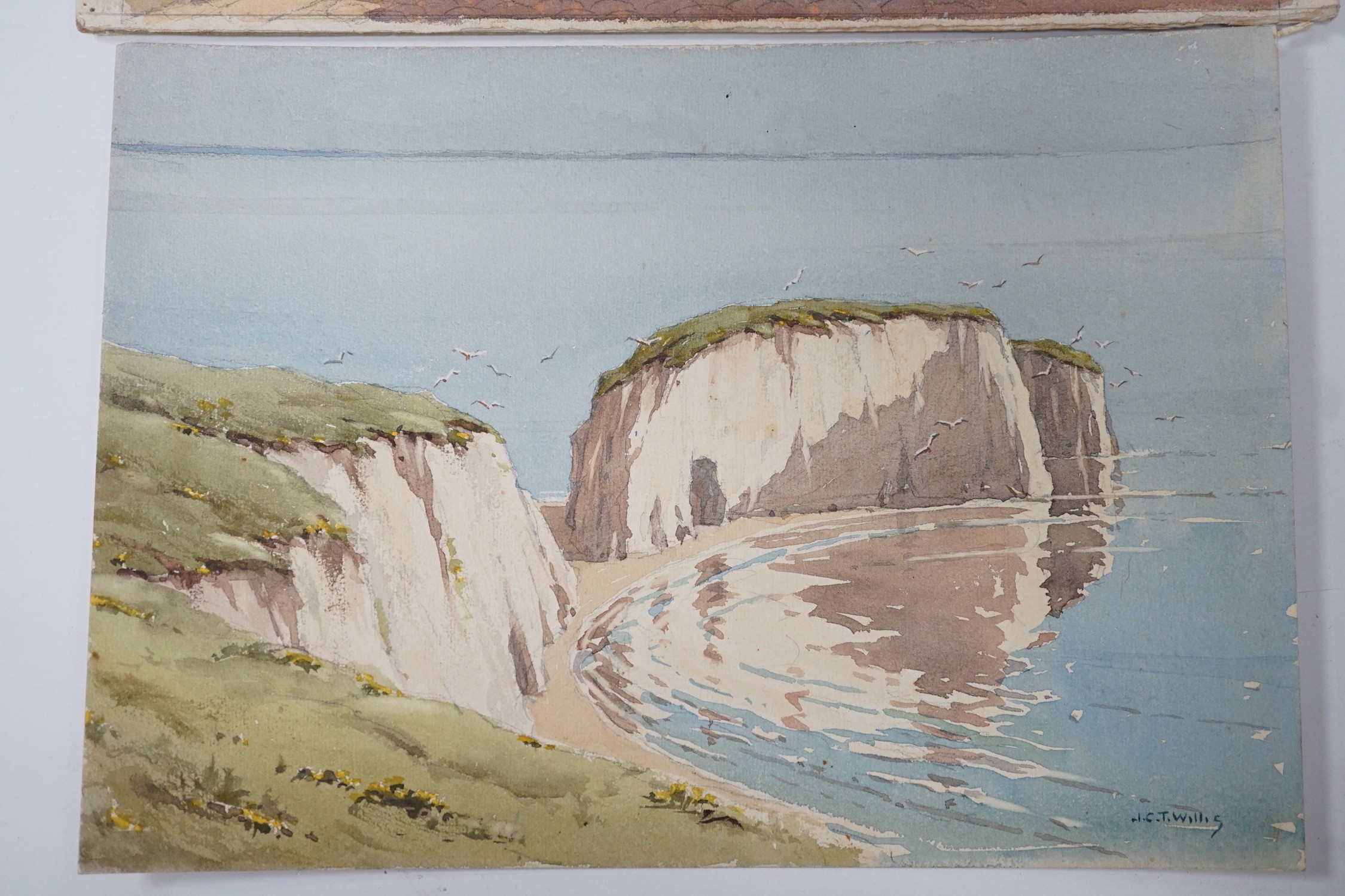 James P. Power R.B.A.(Exh.1924-1938), watercolour, 'The Harbour, St Ives, Cornwall' and a watercolour of 'Old Harry Rocks, Dorset' by John Christopher Temple Willis, largest 25 x 35cm, unframed